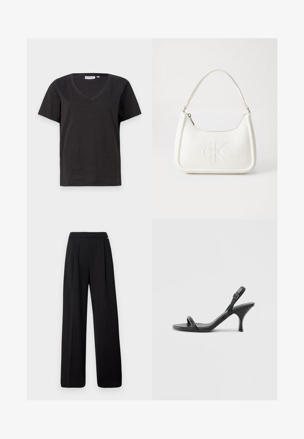 Fekete pamut póló V-nyakkal és rövid ujjakkal. Egyszerű dizájn, normál fazon, minta vagy díszítés nélkül.; Fekete, széles szárú nadrág sima anyagból, egyszínű kialakítással és rugalmas derékkal, látványos minták vagy díszítések nélkül.; Fekete bőrből készült, magassarkú szandál, vékony, ívelt sarokkal és keresztben átkötött pántokkal. Állítható bokapánt. Sima felület.; Fehér bőrtáska ívelt formájú, elöl feltűnő "CK" logóval, egyetlen vállpánttal. Cipzáras zárás a tetején.