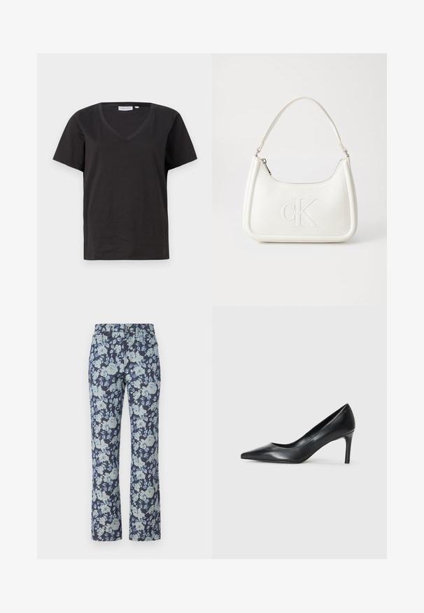 Tricou negru din bumbac cu decolteu în V și mâneci scurte. Design simplu, cu o croială normală și fără modele sau accente.; Jeans cu model floral, cu un fundal bleumarin închis și flori albastre deschise. Fabricate din denim, cu un design drept al piciorului și stil cu cinci buzunare.; Pantofii cu toc ascuțit din piele neagră, cu un toc subțire, textură netedă și fără ornamentații vizibile. Design curat, cu o estetică minimalistă.; Geantă de umăr din piele albă cu formă curbată, având un logo "CK" embosat pe partea din față și un singur braț de umăr. Închidere cu fermoar în partea de sus.