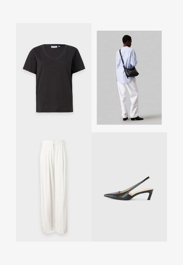 Czarna bawełniana koszulka z dekoltem w serek i krótkimi rękawami. Prosty design o regularnym kroju bez wzorów ani dodatków.; Spodnie o wysokim stanie i szerokich nogawkach w jednolitym białym kolorze. Charakteryzują się gładką fakturą, przednimi zakładkami oraz ukrytym zamkiem z tyłu.; Czarny but na obcasie typu slingback z ostro zakończonym noskiem, z niskim obcasem, wykonany z gładkiej skóry, z wycięciem po boku dla lepszej wentylacji.; Czarna skórzana torba na ramię o miękkiej fakturze, w kształcie trójkąta, z regulowanym paskiem, połączona z jasnoniebieską koszulą w paski i białymi spodniami.