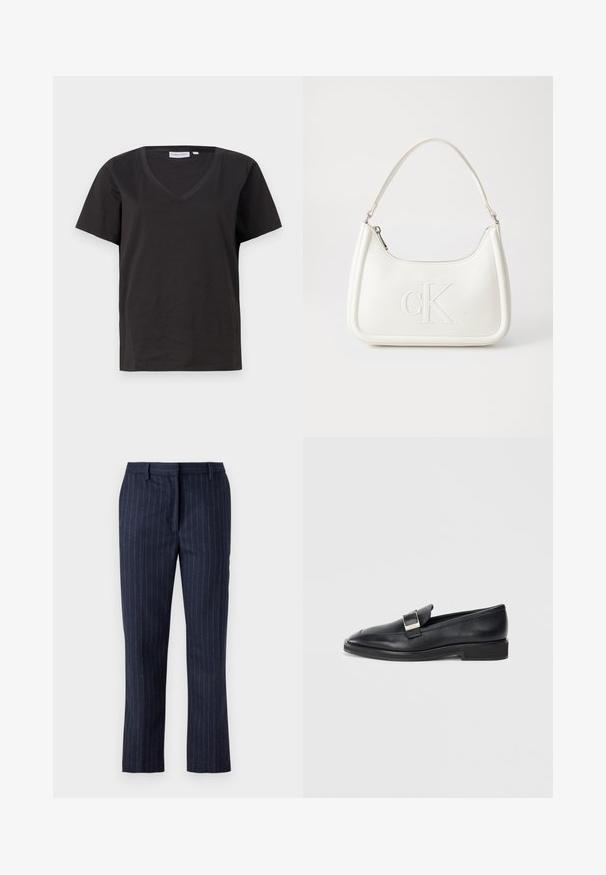 Melnas kokvilnas T-krekls ar V veida kakla izgriezumu un īsām piedurknēm. Vienkāršs dizains ar regulāru piegriezumu un bez rakstiem vai akcentiem.; Jūras spēku svītrainās bikses, izgatavotas no struktūrēta auduma, ar taisnu piegriezumu, jostas kabatām un plakanu priekšpusi.; Melnas ādas loafers ar sudraba taisnstūrveida sprādzi augšpusē un zemu papēdi uz baltā fona.; Balta ādas rokassoma ar noapaļotu formu, uz kuras priekšpuses ir izgriezts "CK" logo un viena plecu siksna. Augšā aizverama ar rāvējslēdzēju.