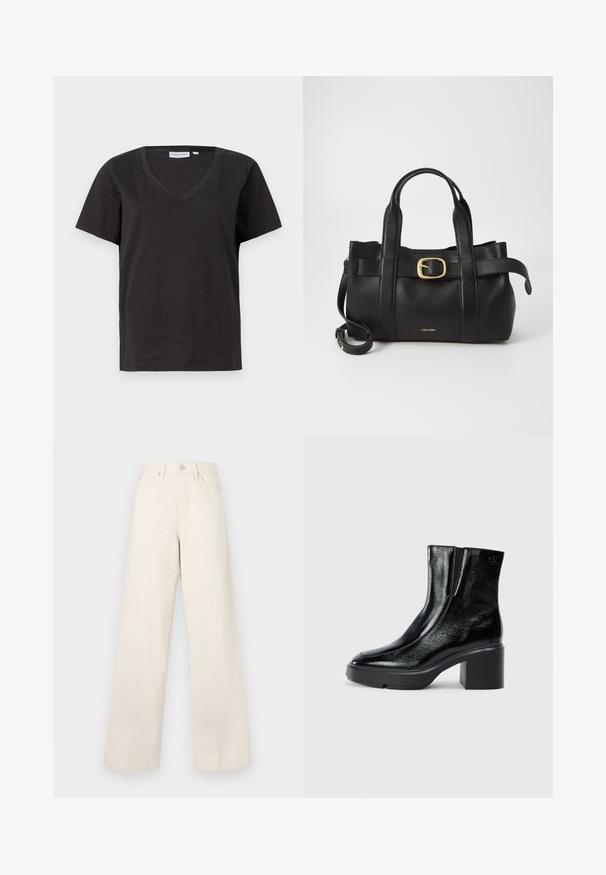 Juodas medvilninis marškinėlis su V formos iškirpte ir trumpomis rankovėmis. Paprastas dizainas, reguliaraus kirpimo, be raštų ar akcentų.; Šviesiai rudos plačios kelnės su aukštu liemenu, pagamintos iš minkštos, tekstūruotos medžiagos. Yra sagų užsegimas ir priekinios kišenės funkcionalumo užtikrinimui.; Juodi lakiniai auliniai batai iki kulkšnies, su išlenktu pirštu, elastinėmis šoninėmis panelėmis ir masyviu blokuotu kulnu. Apdailoje užpakalinėje dalyje įspaustas logotipas.; Juodas odinis rankinės maišas su struktūrizuotu dizainu, dviem viršutinėmis rankenomis, auksinės spalvos sagtimi ir iškilniu prekės ženklu priekyje.