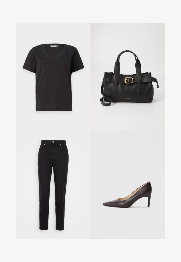 Svart bomull T-skjorte med V-hals og korte ermer. Enkel design med vanlig passform og uten mønstre eller detaljer.; Svarte høyt midje slim-fit jeans med frontknapp, beltehemper og fem-lomme design på hvit bakgrunn.; Svarte lær høyhælte pumps med spiss tå, glatt tekstur og slank stiletthæl. Innvendig vises en beige fôr.; Svart lærveske med en strukturert design, doble topphåndtak, gullfarget spenneakent og preget merke-logo foran.