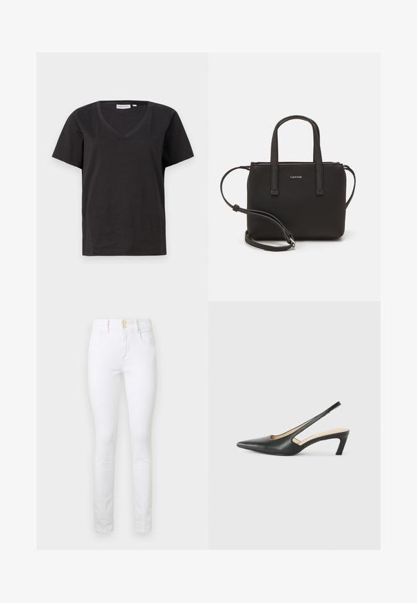 Crni pamučni T-shirt s V-izrezom i kratkim rukavima. Jednostavan dizajn s regularnom krojem i bez uzoraka ili akcenta.; Bijele skinny traperice s visokim strukom, dva prednja džepa i zatvaranjem na zlatnu dugmad. Glatka tekstura, uski kroj i bez vidljivih uzoraka.; Crne cipele s izduženim vrhom i remenom oko pete, s niskom petom, izrađene od glatke kože i s izrezbarenom stranom radi prozračnosti.; Crna torba s dva kratka ručka i uklonjivom naramenicom. Glatki materijal nalik koži s zatvaračem na zatvaranje i detaljem s logom.