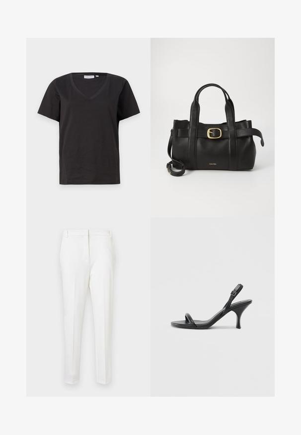 Black cotton T-shirt with a V-neck and short sleeves. Simple design with a regular fit and no patterns or accents.; White tailored trousers with a slim fit, featuring a smooth texture, flat front, and belt loops. No visible pockets or prominent hardware.; Black leather high-heeled sandals with a slim, curved heel and a crossed strap design. Adjustable ankle strap. Smooth texture.; Black leather handbag featuring a structured design, dual top handles, gold-tone buckle accent, and embossed brand logo at the front.