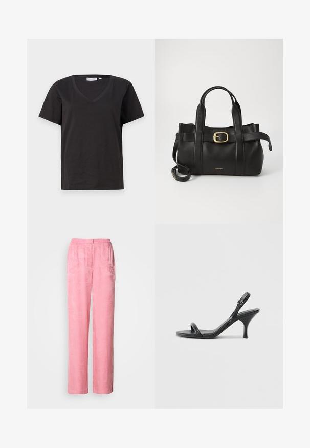 Black cotton T-shirt with a V-neck and short sleeves. Simple design with a regular fit and no patterns or accents.; Pink, wide-leg trousers made from textured fabric with a subtle leaf pattern. Features a high waistband and pleated front for a relaxed fit.; Black leather high-heeled sandals with a slim, curved heel and a crossed strap design. Adjustable ankle strap. Smooth texture.; Black leather handbag featuring a structured design, dual top handles, gold-tone buckle accent, and embossed brand logo at the front.