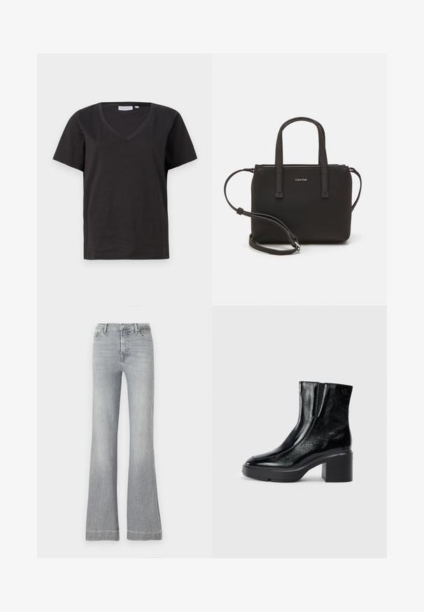 Black cotton T-shirt with a V-neck and short sleeves. Simple design with a regular fit and no patterns or accents.; Light gray denim flared jeans with a high waist, featuring a front button and zip closure, five pockets, and a clean hemline.; Black patent leather ankle boots with a curved toe, elastic side panels, and a chunky block heel. Features embossed logo on the back.; Black handbag with dual short handles and a removable shoulder strap. Smooth leather-like material with a zip closure and logo detail.
