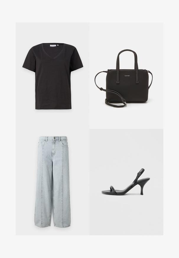 Must musta T-särk V-kaelusega ja lühikeste varrukatega. Lihtne disain, regulaarne istuvus, ilma mustrite ja aktsentideta.; Heledad sinise tooni laiad teksad, mis on valmistatud denimist ja millel on vertikaalse triibustik, esipocketid ja nööbiga kinnitusega vöökoht.; Mustad nahast kõrgete kontsadega sandaalid, millel on saledad, kõverad kontsad ja ristatud rihma disain. Reguleeritav pahkluu rihm. Sile tekstuur.; Musthave mustrans vöö ja eemaldatav õlarihm. Gludike nahk siledaga, millel on tõmblukk ja logo detail.