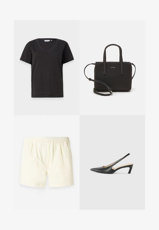 Zwarte katoenen T-shirt met een V-hals en korte mouwen. Eenvoudig ontwerp met een regular fit en zonder patronen of accenten.; Lichtgele katoenen shorts met een elastische tailleband, met een ontspannen pasvorm en een soepele textuur, zonder zichtbare patronen of accenten.; Zwarte puntige slingback schoen met een lage hak, gemaakt van soepel leer en voorzien van een uitsnede aan de zijkant voor ventilatie.; Zwarte handtas met dubbele korte handvatten en een afneembare schouderriem. Glad, leerachtig materiaal met een ritssluiting en logo-detail.