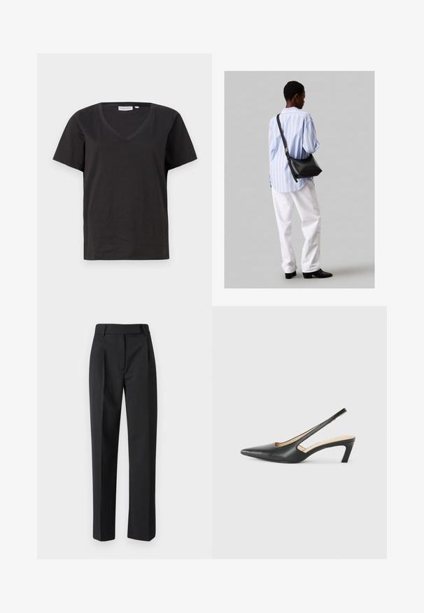 Tricou negru din bumbac cu decolteu în V și mâneci scurte. Design simplu, cu o croială normală și fără modele sau accente.; Pantaloni negri cu un design drept, confecționați dintr-un material neted. Au un front plat, curele pentru brâu și o croială clasică.; Pantof cu toc mic, cu vârf ascuțit și slingback, realizat din piele netedă, având un design decupat pe lateral pentru respirabilitate.; Geantă de umăr din piele neagră cu o textură moale, formă triunghiulară și curea ajustabilă, asortată cu o bluză cu dungi albastre deschise și pantaloni albi.