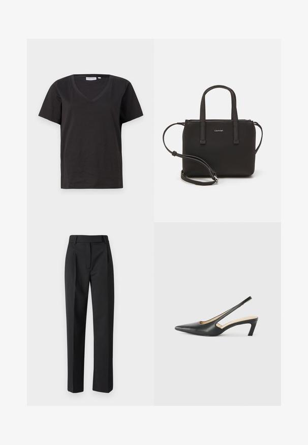 Black cotton T-shirt with a V-neck and short sleeves. Simple design with a regular fit and no patterns or accents.; Black trousers with a straight-leg design, made from a smooth fabric. Features a flat front, belt loops, and a classic cut.; Black pointy-toed slingback shoe with a low heel, featuring smooth leather material and cut-out design on the side for breathability.; Black handbag with dual short handles and a removable shoulder strap. Smooth leather-like material with a zip closure and logo detail.
