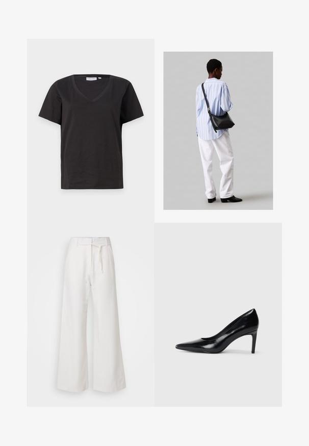 Fekete pamut póló V-nyakkal és rövid ujjakkal. Egyszerű dizájn, normál fazon, minta vagy díszítés nélkül.; DAY Birger et Mikkelsen TERRI SOLID - Nadrágok - cloud cream; Fekete bőr magassarkú cipő, hegyes orral, sima textúrával és kúpos sarkal. Minimalista dizájn, nincsenek további díszítések.; Fekete bőr válltáska puha tapintással, háromszög alakú, állítható pánttal, világoskék csíkos inggel és fehér nadrággal párosítva.