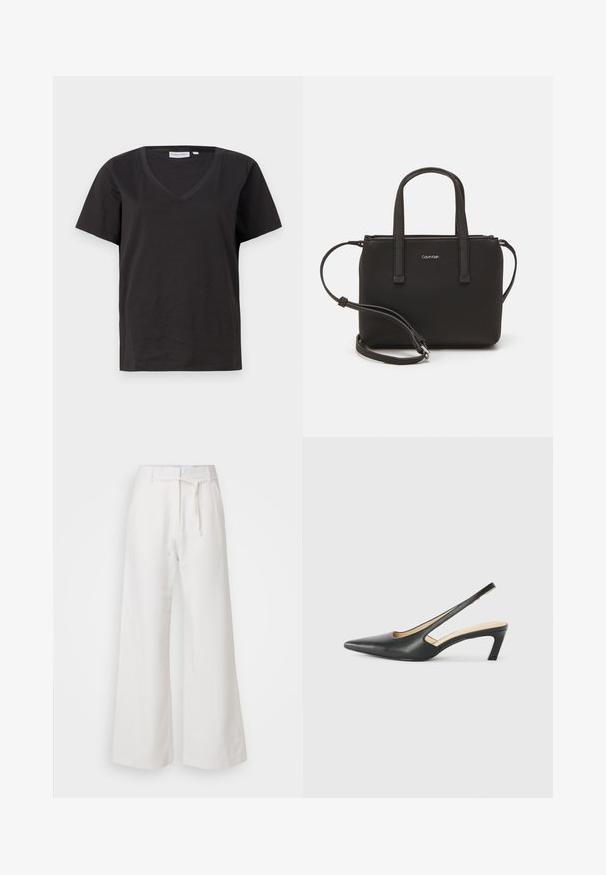 Must musta T-särk V-kaelusega ja lühikeste varrukatega. Lihtne disain, regulaarne istuvus, ilma mustrite ja aktsentideta.; DAY Birger et Mikkelsen TERRI SOLID - Püksid - cloud cream; Must mustaga, terav varvas, madala kontsaga sildiga king, mis on valmistatud siledast nahast ja mille küljel on lõike disain hingavuse tagamiseks.; Musthave mustrans vöö ja eemaldatav õlarihm. Gludike nahk siledaga, millel on tõmblukk ja logo detail.