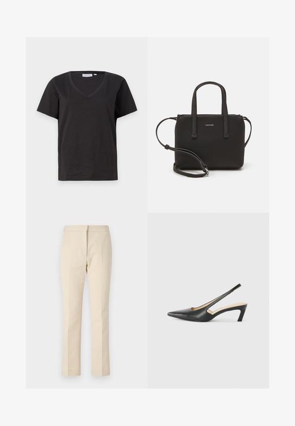 Melnas kokvilnas T-krekls ar V veida kakla izgriezumu un īsām piedurknēm. Vienkāršs dizains ar regulāru piegriezumu un bez rakstiem vai akcentiem.; Beige bikses, izgatavotas no gludas auduma ar taisnu griezumu. Iespējas ar platu priekšpusi, jostas cilpiņām un bez redzamām kabatām.; Melna, ar smailu purngalu, slingback kurpe ar zemu papēdi, izgatavota no gludas ādas materiāla un ar izgriezumiem sānos gaisa caurlaidībai.; Melns roku soma ar divām īsām rokturiem un noņemamu plecu siksnu. Gluda ādas līdzīga materiāla ar rāvējslēdzēja aizdari un logos detaļu.