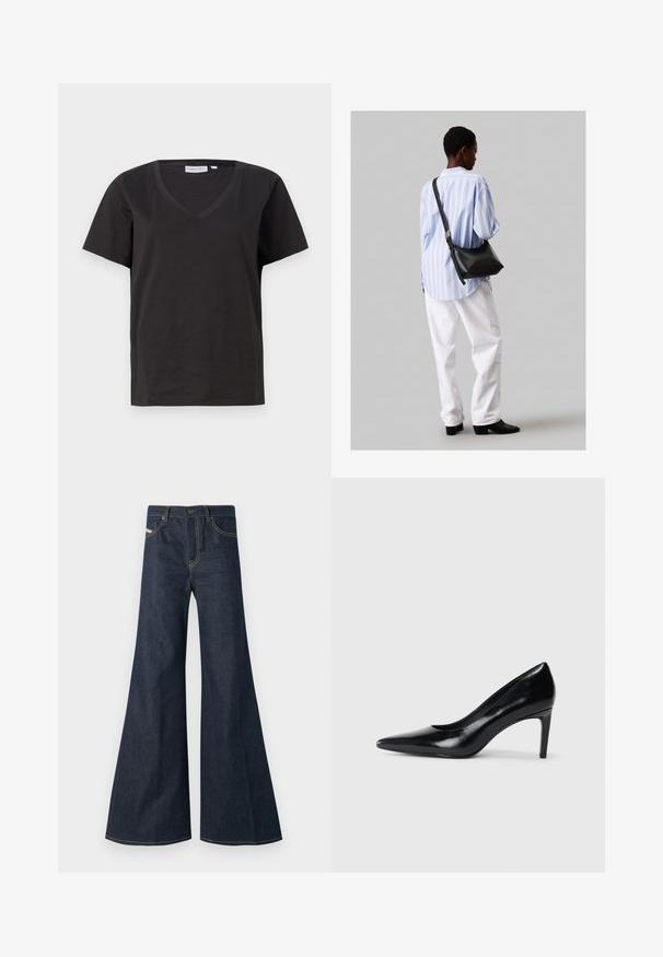 Must musta T-särk V-kaelusega ja lühikeste varrukatega. Lihtne disain, regulaarne istuvus, ilma mustrite ja aktsentideta.; Tumedat sinavad teksad, mille sirge lõige, kõrge vöökoht, kuldne tikand ja kaks esitaskut nupuga.; Mustmust musta kõrge kontsaga king, millel on terav varvas, sile tekstuur ja kitsenev konts. Minimalistlik disain, ilma täiendavate kaunistusteta.; Must have mustras alasi nahkpatsi, pehme tekstuuriga, kolmnurkse kujuga ja reguleeritava rihmaga, koos helesinise triibulise särgi ja valgete pükstega.