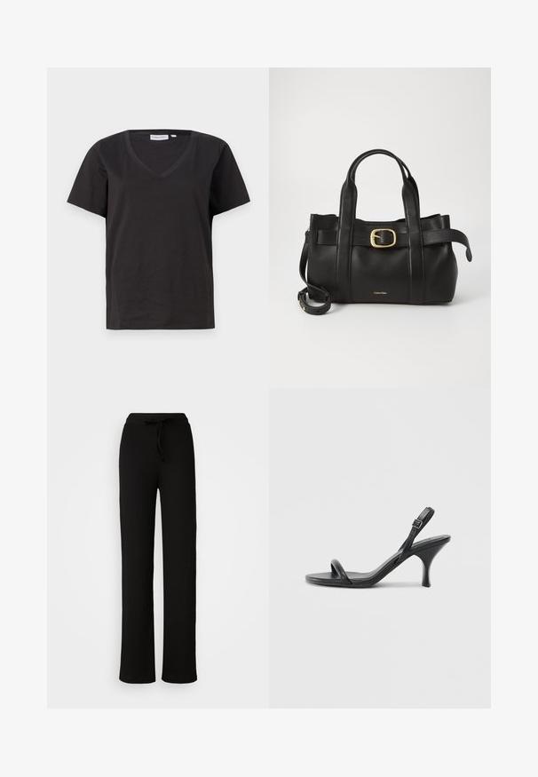 Black cotton T-shirt with a V-neck and short sleeves. Simple design with a regular fit and no patterns or accents.; ONLY Tall ONLHILLERY - Trousers - black; Black leather high-heeled sandals with a slim, curved heel and a crossed strap design. Adjustable ankle strap. Smooth texture.; Black leather handbag featuring a structured design, dual top handles, gold-tone buckle accent, and embossed brand logo at the front.