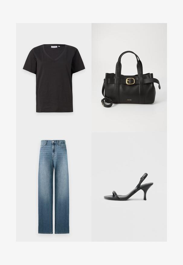 T-shirt en coton noir avec un col en V et des manches courtes. Design simple avec une coupe régulière et sans motifs ni accents.; Jean large bleu clair en denim, avec une taille haute, un design à cinq poches et une légère décoloration le long des jambes.; Sandales à talons hauts en cuir noir avec un talon fin et courbé et un design de brides croisées. Bride de cheville réglable. Texture lisse.; Sac à main en cuir noir présentant un design structuré, deux poignées supérieures, un accent de boucle en ton doré et un logo de la marque en relief à l'avant.