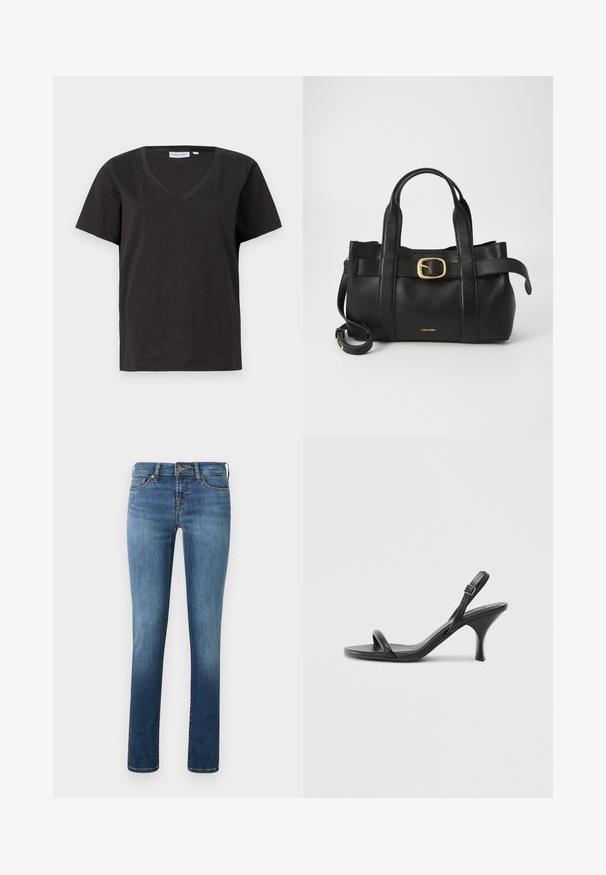 Melnas kokvilnas T-krekls ar V veida kakla izgriezumu un īsām piedurknēm. Vienkāršs dizains ar regulāru piegriezumu un bez rakstiem vai akcentiem.; Zili džinsi no zila denima ar taisnu kāju griezumu, ar vieglu izbalējumu, piecām kabatām un vienu pogu jostas vietā.; Melnas ādas augstpapēžu sandales ar plānu, izliekta formas papēdi un krustenisku siksnu dizainu. Regulējama potītes siksna. Gluda tekstūra.; Melnas ādas rokassoma ar strukturētu dizainu, divām augšējām rokturām, zelta toņa sprādzes akcentu un iegravētu zīmola logo priekšpusē.