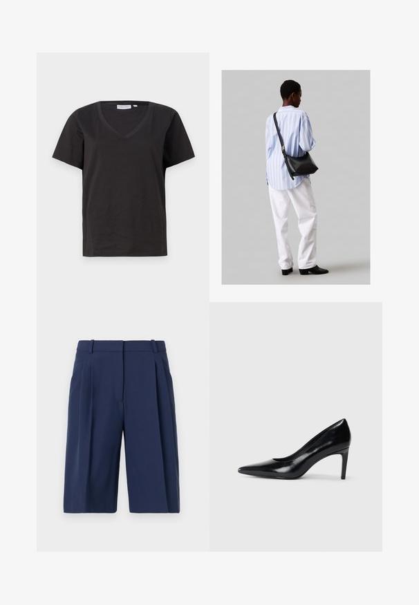Juodas medvilninis marškinėlis su V formos iškirpte ir trumpomis rankovėmis. Paprastas dizainas, reguliaraus kirpimo, be raštų ar akcentų.; Tamsiai mėlynos šortai su pritaikytu kirpimu, su raukšlėta priekiu, diržo kilpomis ir lygaus audinio tekstūra, iki kelių ilgio.; Juodas odinis aukštakulnis batelis su smailiu pirštu, lygiu paviršiumi ir siauru kulnu. Minimalistinis dizainas, jokių papildomų puošmenų.; Juodas odinis petinis krepšys su minkšta tekstūra, trikampiu pavidalu ir reguliuojama juosta, derinamas su šviesiai mėlynu dryžuotu marškinėliu ir baltais džinsais.