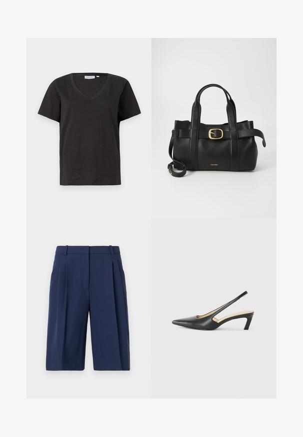 Tricou negru din bumbac cu decolteu în V și mâneci scurte. Design simplu, cu o croială normală și fără modele sau accente.; Șorturi bleumarin cu croi adaptat, cu un față pliată, bucle pentru curea și o textură de țesătură netedă, lungime până la genunchi.; Pantof cu toc mic, cu vârf ascuțit și slingback, realizat din piele netedă, având un design decupat pe lateral pentru respirabilitate.; Geantă de mână din piele neagră, cu un design structurat, mânere superioare duale, accent cu cataramă aurie și logo-ul brandului embosat în față.