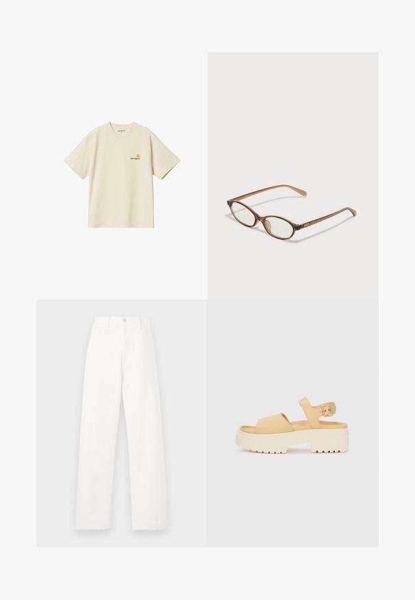 Biskupasto pamučna majica s kratkim rukavima i okruglim izrezom. Ima mali Carhartt logo u narančastoj boji na lijevoj strani prsnog dijela.; Bijele traperice s visokim strukom, ravnim nogavicama, vidljivim šavovima, pet džepova i metalnim zatvaračem.; Žute sandale od lažne kože s debelim bijelim potplatom. Imaju dvije široke trake i podesivu traku oko gležnja s metalnom kopčom.; Smeđe skupe naočale s ovalnim lećama, tankim drškama i prozirnim akcentima. Ima suptilan logo na sljepoočnici. Elegantan, lagan dizajn.