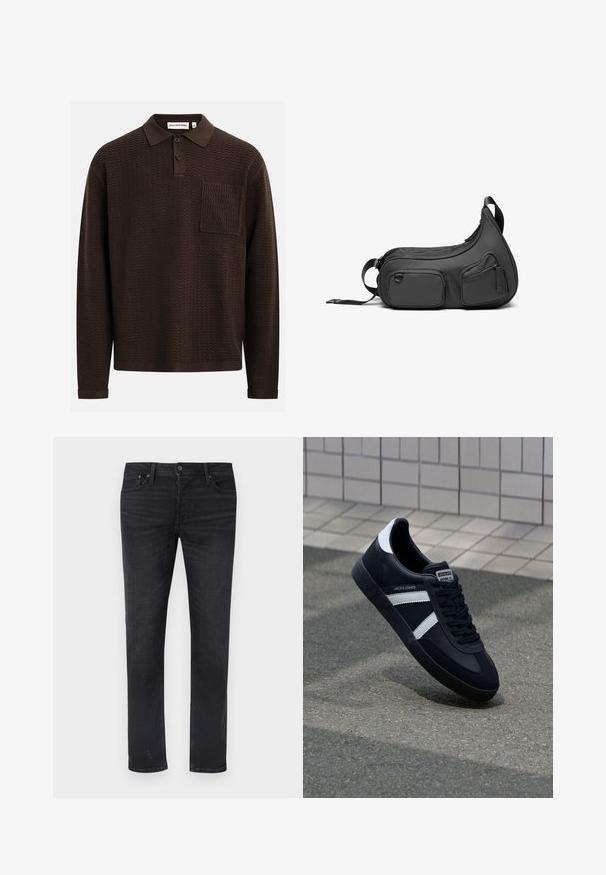 Smeđa polo majica s dugim rukavima s teksturiranim cik-cak uzorkom, s trostrukim kopčanjem na gumbe i džepom na prsima. Izrađena od pletene tkanine.; Crne traperice ravnog kroja s pet džepova, pojasom srednjeg rasta i suptilnim izblijedjelim detaljima.; Crne kožne tenisice s bijelim prugama, strukturirana gumena potplate i vezanjem sprijeda. Ima oznaku brenda na jeziku.; Crna torba za rame s glatkim materijalom, zakrivljenog oblika, dva zip zatvarača na prednjoj strani, podesivim remenom i bez vidljivih metalnih dijelova.