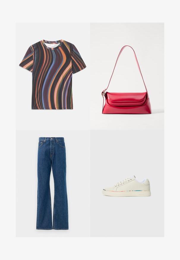 Tričko s krátkym rukávom vyrobené z mäkkej látky, s vlnitým vzorom v tmavých odtieňoch a žiarivými farbami: oranžová, modrá, fialová a zelená.; Modré džíny s rozšírenými nohavicami a vysokým pásom, s piatimi vreckami, strieborným zapínaním na gombík a viditeľnými stehovými akcentmi.; Off-white nízkoprofilová teniska s šnurovaním, biele vnútorné podšívka a jemný multicolor okraj pozdĺž okraja podrážky, bočný pohľad.; Červená kožená kabelka so štruktúrovaným tvarom, hladkou textúrou a jedným nastaviteľným popruhom. Vybavená zaoblenou klopou na zatváranie.