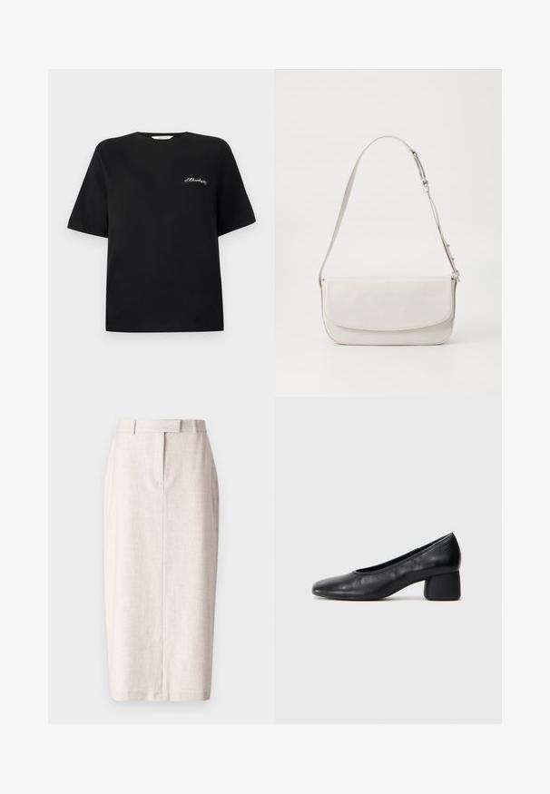 Fekete pamut póló rövid ujjakkal és kerek nyakkal. Bal mellkasi területen fehér hímzett szöveggel rendelkezik. Simább tapintású.; Beige ceruzaszoknya, letisztult vonalakkal és formális kialakítással, texturált anyagból készült, közepes hosszúságú fazonnal és hátsó hasítékkal.; Fekete bőr magassarkú cipő, lekerekített orral és közepes blokk sarkú. Simább textúrájú, minimális díszítéssel, finom elasztikus nyílással.; Fehér bőr válltáska sima felülettel, téglalap alakú, fedeles záródással és állítható pánttal. Egyszerű varrási részletek.