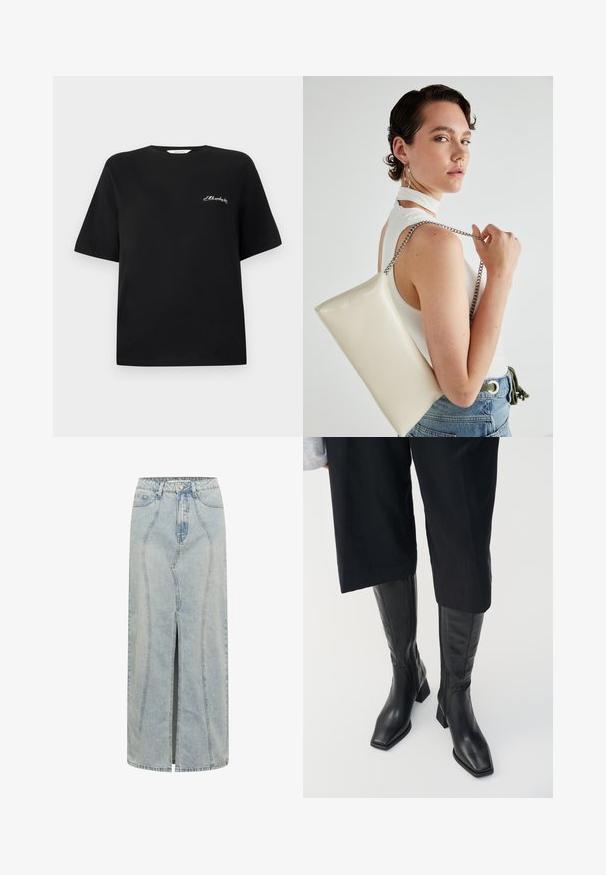Svart bomull t-skjorte med korte ermer og rund hals. Har hvit brodert tekst på venstre brystområde. Slett tekstur.; Lyseblå denimskjørt med en rett silhuett, som har en forkortet splitt foran, beltehemper og detaljert søm langs sømmene.; Svart skinn knelangt støvler med firkantet tå og blokkhelt. Har glidelås på siden og glatt tekstur.; Hvit rektangulær clutch-veske laget av blankt materiale, med en sølvkjede-stropp. Modellen poserer og viser vesken mot en ensfarget bakgrunn.