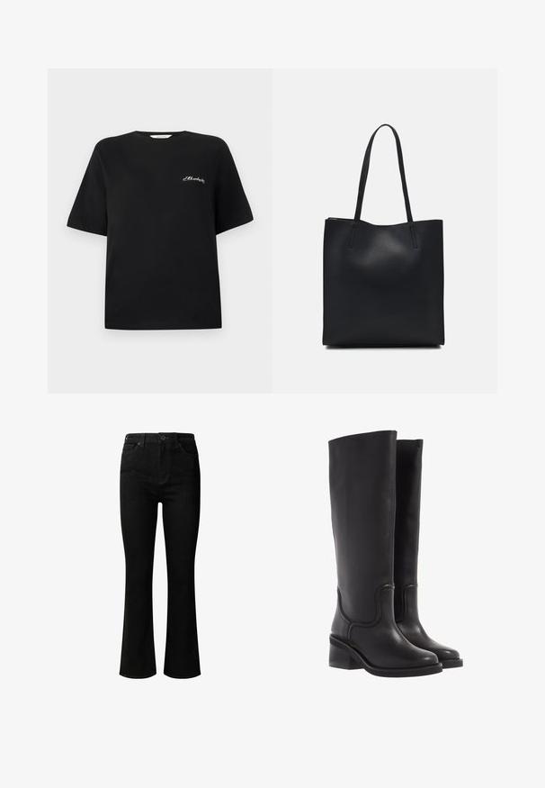 T-shirt de algodão preto com mangas curtas e decote redondo. Apresenta texto bordado branco na área do peito esquerdo. Textura suave.; Calças flare pretas feitas de denim, com uma cintura alta, bolsos frontais, passadores de cinto e um clássico design de cinco bolsos.; Botas de couro pretas até ao joelho com uma textura suave, bico arredondado e um salto robusto. Apresentam costura discreta e um design simplificado.; Bolsa tote preta em couro com textura lisa, forma retangular e duas alças longas. Sem hardware ou enfeites visíveis.