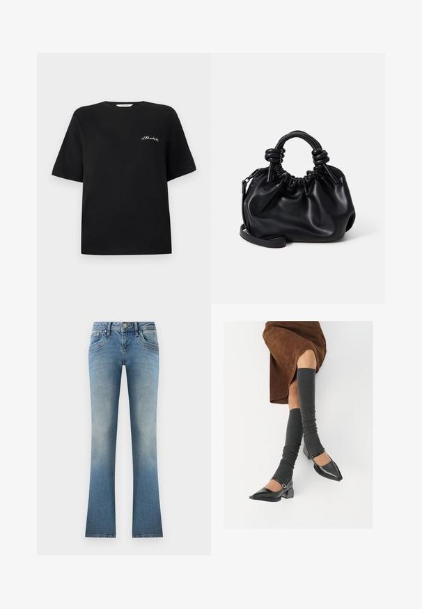 Μαύρο βαμβακερό μπλουζάκι με κοντό μανίκι και στρογγυλή λαιμόκοψη. Περιέχει λευκό κεντημένο κείμενο στην αριστερή περιοχή του στήθους. Λείος / ομαλός υφασμάτινος τόνος.; Ανοιχτού μπλε τζιν παντελόνι σε φαρδιά γραμμή. Διαθέτει ξεθωριασμένο φινίρισμα, πέντε τσέπες και κλείσιμο με κουμπί, καθώς και θηλίτσες ζώνης στη μέση.; Μαύρες πατεν leather γόβες με αιχμηρή μύτη, τετράγωνη φτέρνα και λουράκι αστραγάλου, συνδυασμένες με γκρι ριγέ ζεστά ποδιές και καφέ σουέντ φούστα.; Μαύρη δερμάτινη τσάντα με συγκεντρωμένο σχέδιο, κοντούς στρογγυλούς ιμάντες και αποσπώμενος ιμάντας ώμου. Λείος υφή με μαλακή σιλουέτα.