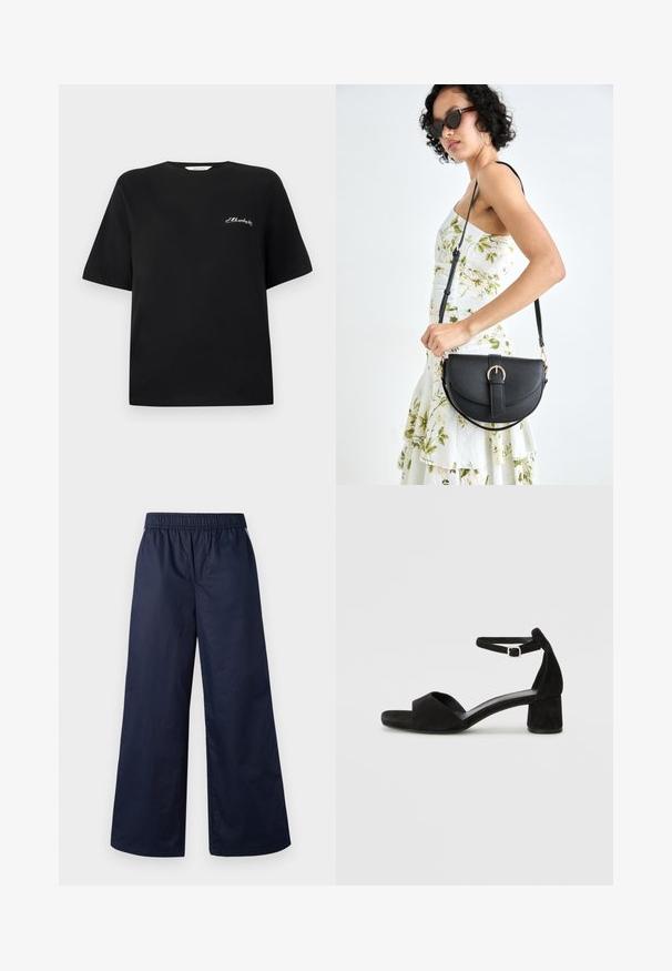 Black cotton t-shirt with short sleeves and a crew neck. Features white embroidered text on the left chest area. Smooth texture.; Wide-leg trousers in dark navy, featuring an elastic waistband, smooth texture, and no visible fastenings or pockets.; Black suede heeled sandals with a thin ankle strap, open toe design, and a modest block heel. Smooth texture and minimal accents.; Black leather handbag with a curved shape, detachable strap, and gold hardware. The bag features a flap with a buckle detail.