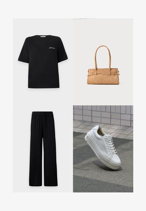 Melnas kokvilnas t-kreklis ar īsām piedurknēm un apaļu kakla izgriezumu. Ar baltu izšuvumu kreisajā krūšu daļā. Gluda tekstūra.; Melni platā kāju bikses ar elastīgu jostasvietu un regulējamu auklu. Gluda auduma virsma bez redzamām rakstām vai akcentiem.; Baltas ādas sporta apavi ar zemu augšanas dizainu, plakaniem šņorēm, noapaļotu purngalu un teksturētām malām. Bieza gumijas zole ar smalkām akcentiem.; Salds zamšs rokassomu ar divām garām rokturiem, taisnstūra formā un dekoratīvām šuvēm. Iespējo sānu siksniņu un smalkus zelta aksesuārus.