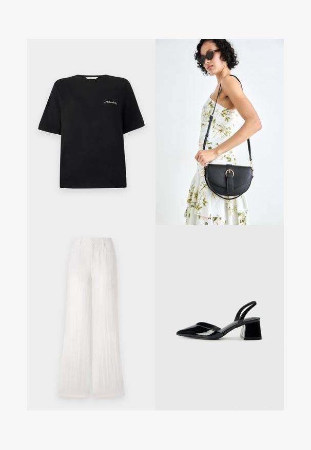 T-shirt de algodão preto com mangas curtas e decote redondo. Apresenta texto bordado branco na área do peito esquerdo. Textura suave.; Calças largas brancas com um tecido texturizado, apresentando dois bolsos laterais e um design de cintura alta. Acabamento suave com bainha reta.; Sandy em verniz preto com salto slingback, ponta afilada e salto geométrico. Apresenta um design elegante e minimalista com textura suave.; Bolsa de couro preta com forma curva, alça destacável e detalhes em dourado. A bolsa possui uma aba com detalhe de fivela.