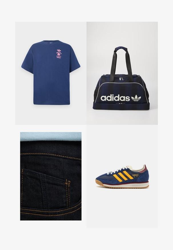 Navy blue cotton t-shirt with short sleeves, crew neck, and pink graphic design featuring the Adidas logo and pineapple motif on the chest.; Dark blue denim jeans with orange stitching, featuring a back pocket and a light blue shirt visible above. Smooth texture, classic design.; Navy suede sneaker with yellow stripes, white laces, and burgundy accents. Textured sole with grooves for traction. Brand logo on side.; Navy duffel bag with white Adidas logo, featuring a zippered top, two sturdy black handles, and side mesh pockets. Smooth fabric texture.