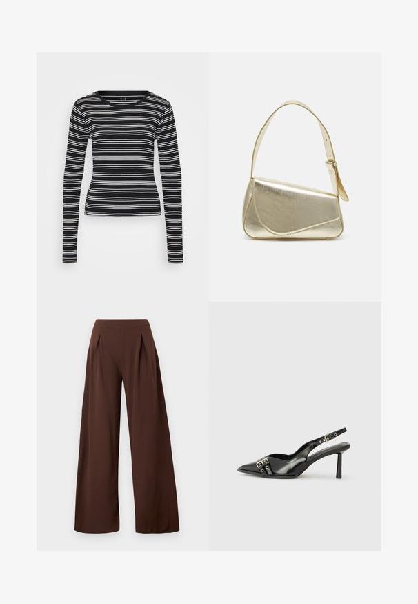 T-shirt noir à manches longues avec des rayures horizontales blanches, texture côtelée et encolure ronde. Design ajusté avec un ourlet droit.; Pantalons à larges jambes en tissu marron foncé, avec une taille haute, des plis avant et une texture lisse. Convient pour diverses occasions.; Chaussure slingback en cuir verni noir avec un embout pointu, des brides de cheville avec des boucles en argent et des éléments en métal, et un talon fin.; Sac à main en métal doré avec un design structuré, texture lisse et bandoulière ajustable. Présente une forme triangulaire unique et des coutures minimalistes.; Boucles d'oreilles dorées présentant des formes texturées et ondulées. Comprend des clips sculpturaux et un design de créoles ouvertes avec une finition martelée.