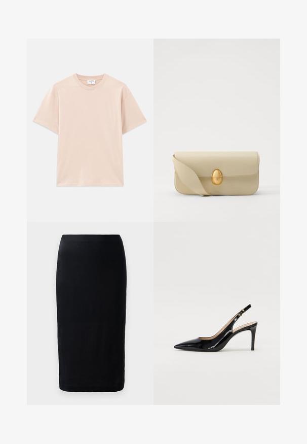 Majica s kratkim rukavima u svijetlo bež boji, izrađena od mekanog pamuka. Okrugli izrez, ležeran kroj, s ravnim rubom i bez uzoraka ili grafike.; Crna olovka suknja od glatkog materijala, s uskim krojem, dužine do koljena, i jednostavnim rubom bez vidljivih uzoraka ili akcenata.; Crne lakirane slingback cipele s oštrim vrhom, uskim potpeticama i suptilnim izrezom. Sadrže zlatnu kopču na traku.; Bež kožni ručni torbicu s glatkom teksturom, pravokutnim oblikom i zlatnim ovalnim kopčanjem. Ima dugu, podesivu naramenicu.