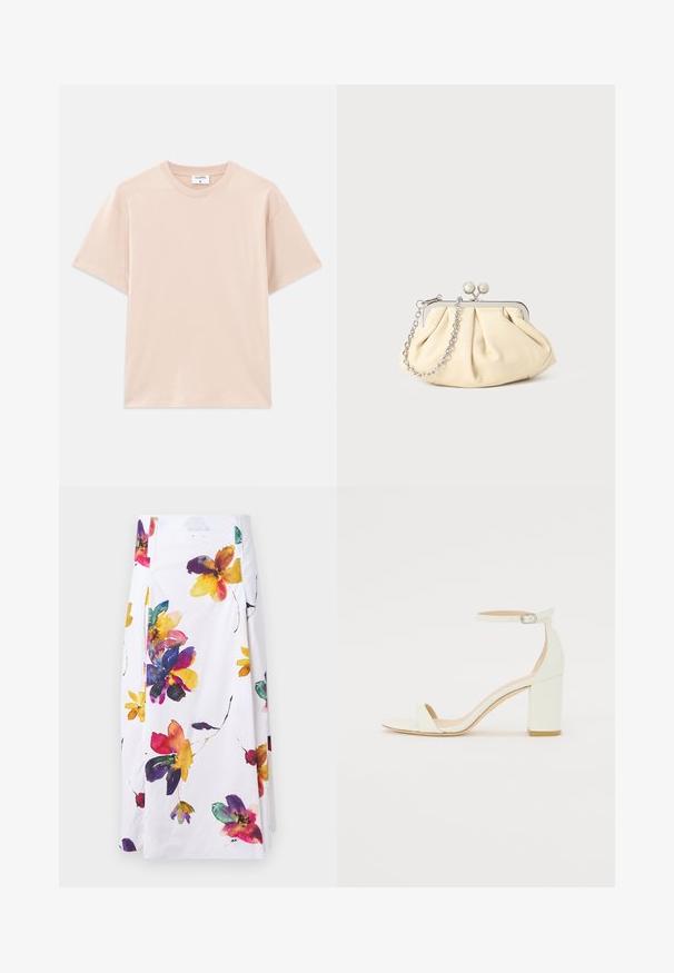 Short-sleeve t-shirt in light beige, made of soft cotton. Round neckline, relaxed fit, with straight hem and no patterns or graphics.; White floral skirt featuring colorful watercolor flower patterns in purple, yellow, and red; pleated design with side fastening details.; White leather block-heel sandal featuring an ankle strap with a buckle and minimalist design. Open toe and smooth textures throughout.; Pleated beige leather clutch with a silver metal frame, featuring two round decorative clasps and a silver chain strap.