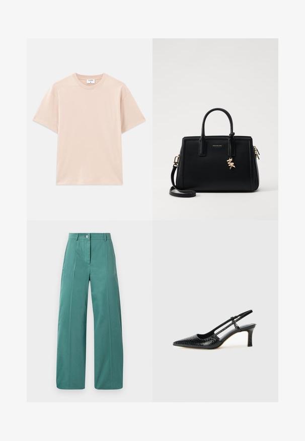 Korte mouwen t-shirt in lichtbeige, gemaakt van zachte katoen. Ronde halslijn, relaxte pasvorm, met rechte zoom en zonder patronen of graphics.; Wijdlopende broeken van een zachte teal stof, met een knoopsluiting aan de voorkant, scherpe plooien en een gladde textuur. Tailored ontwerp met minimale accenten.; Zwart patent slingback hak met een spitse neus, voorzien van een gestructureerde slangenprint, verstelbare band en een korte, gestructureerde blokhak.; Zwarte leren handtas met gestructureerd ontwerp, dubbele handvatten aan de bovenkant, afneembare schouderband, gouden hardware en een logo charm accent.
