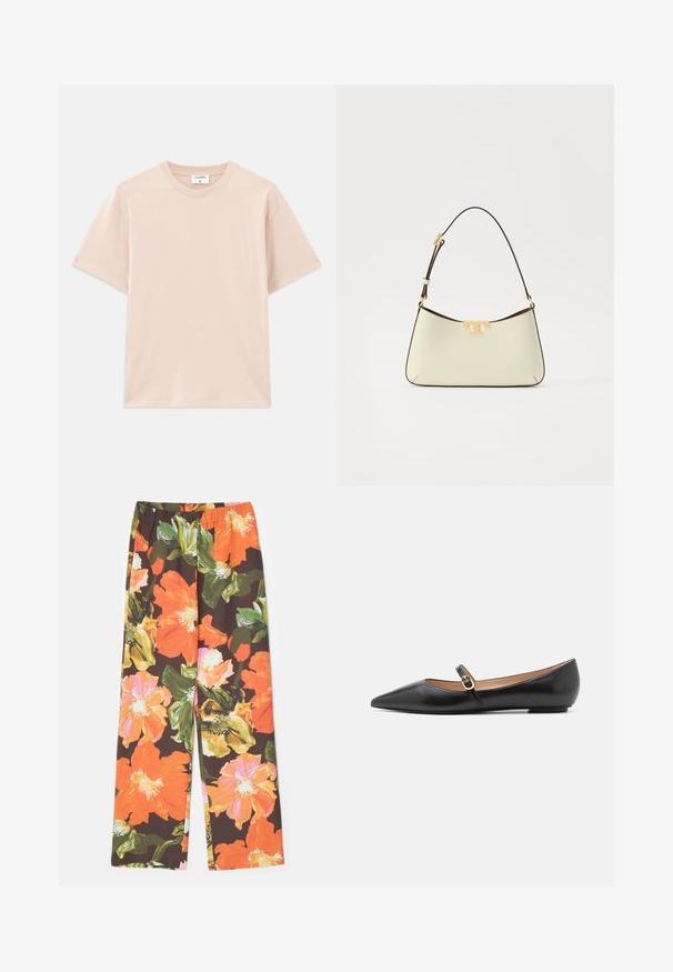 Tričko s krátkym rukávom v svetlo béžovej farbe, vyrobené z jemnej bavlny. Okrúhly výstrih, voľný strih, so strihaným lemom a bez vzorov alebo grafiky.; Stine Goya FATOU STRUCTURE STRETCH - Nohavice - summer night; Čierne kožené baletky s špicatou špičkou a bočným remienkom s kruhovým zlatým akcentom. Ľahké s plochou podrážkou.; Kožená kabelka v krémovej farbe s prehnutým tvarom. Má zlatý logový detail a tenký, nastaviteľný tmavý popruh.