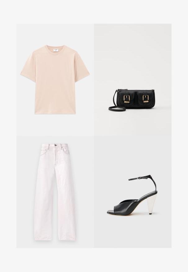 Lühikeste varrukatega T-särk heles bees, valminud pehmest puuvillast. Ümmargune kaelus, mugav lõige, sirge hem ja ilma mustrite või graafikateta.; Laia jalgadega teksad helesinises denimis, millel on kõrge vöökoht, viie-tasku disain ja õrnad tõmblusdetailid õmbluste ääres.; Must mustril kõrge kontsaga sandaalid avatud varbaga, asümmeetrilise disainiga, pahkluukeevikuga ja metallilise koonusja kontsaga. Ühtlane tekstuur üle kogu.; Must küllastamata nahast õlakott, millel on kaks esist nähtavat taskut, kuldsed pandlad, tõmblukuga sulgemine ja peen rihm. Tekstuuriga pind ja kompaktne ristkülikukujuline kuju.