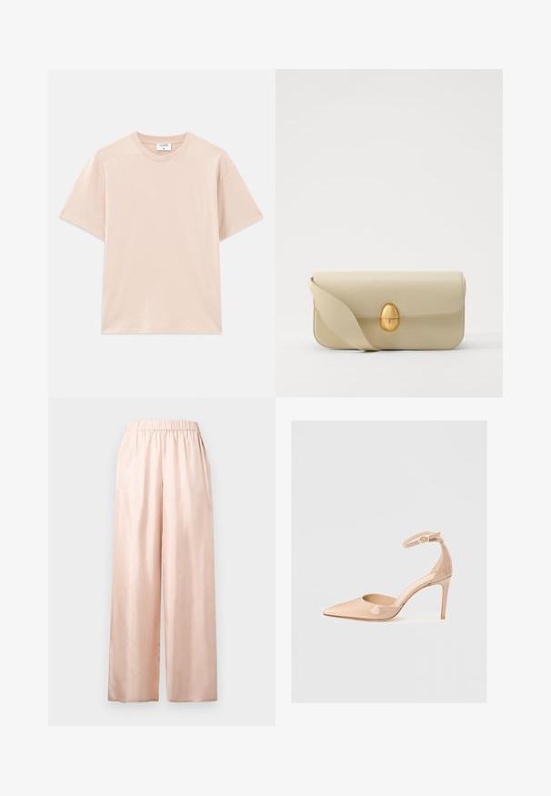 Kortärmad t-shirt i ljusbeige, tillverkad av mjuk bomull. Rund halsringning, avslappnad passform, med rak nederkant och utan mönster eller grafik.; Byxor i ljusrosa satin med avslappnad passform, utrustade med elastisk midjeresår och vida ben. Slät textur utan synliga mönster eller detaljer.; Nackens patentläder skon med spetsig tå, ankelrem och stilettklack, med en slät yta och minimalistisk design.; Beige läderhandväska med en slät yta, rektangulär form och en gyllene oval lås. Har en lång, justerbar rem.