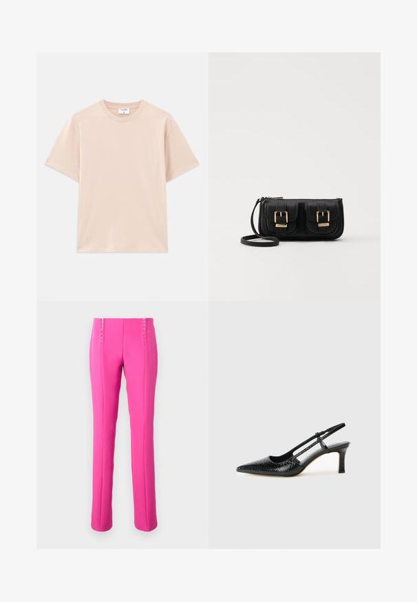 Kortermet t-skjorte i lys beige, laget av myk bomull. Rund hals, avslappet passform, med rett kant og uten mønstre eller grafikk.; Rosa tettsittende bukser med en glatt tekstur, med synlige sømmer og rett benform.; Sorte patent slingback hæl med spids tå, featuring tekstureret slangeskind, justerbar rem og en kort, tekstureret blokhæl.; Svart skinn crossbody veske med to frontlommer, gyldne spenner, glidelåslukking og en slank stropp. Teksturert overflate og kompakt rektangulær form.