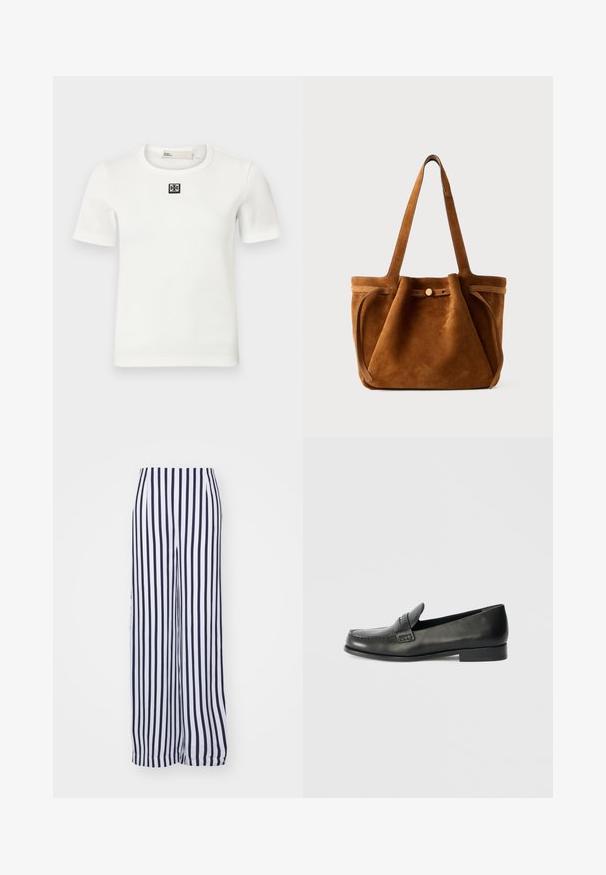 Tricou alb cu mânecă scurtă, cu detaliu pătrat negru pe piept; guler rotund, formă ajustată și textură moale.; Pantaloni largi cu dungi verticale alb-negru. Confecționați dintr-un material ușor, cu o textură netedă și talie elastică.; Mocassiini din piele neagră cu vârf rotund, detalii cu cusături înălțate și un toc mic cu talpă stivuită. Textură netedă cu un luciu subtil.; Geantă tote din suede maro, cu mânere duale, un sistem de închidere cu buton și o formă relaxată, ușor căzută.