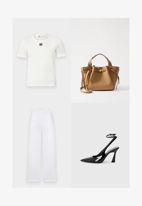 Witte gestreepte T-shirt met korte mouwen, voorzien van een vierkant zwart logo op de borst; ronde halslijn, aansluitende pasvorm en zachte textuur.; Witte linnen brede broek met een elastische tailleband, twee zijzakken en een rechte pasvorm met opgerolde manchetten.; Zwarte gepatenteerde leren slingback pumps met een spitse neus, verstelbare enkelband en een gematigd blokhak. Gladde textuur met een glanzende afwerking.; Tory Burch ROMY PEBBLED SATCHEL - Handtas - tiramisu