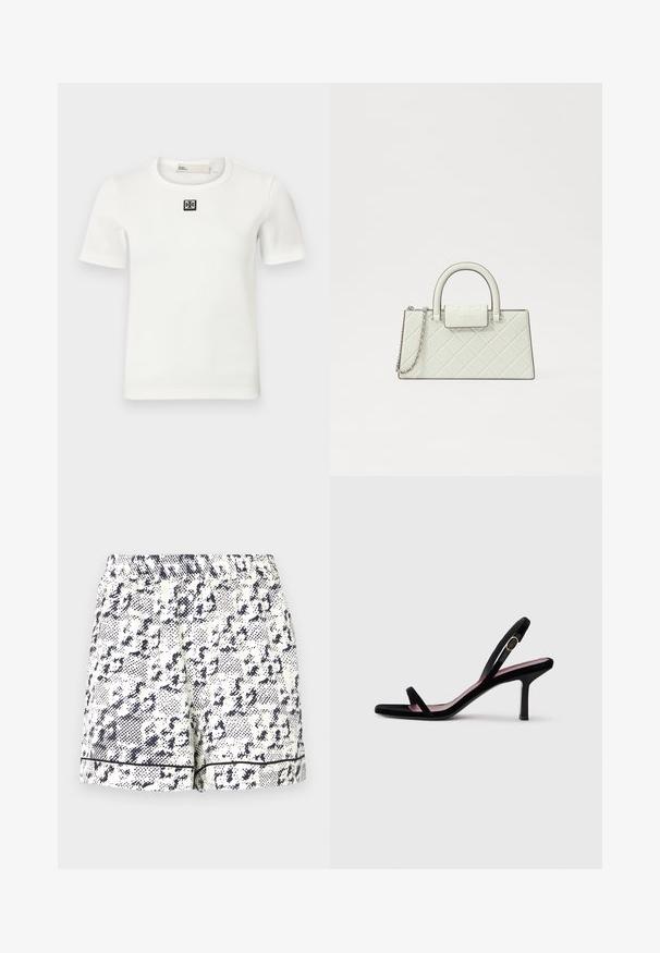 Camiseta blanca de manga corta con textura acanalada que presenta un acento de logo negro cuadrado en el pecho; cuello redondo, forma ajustada y textura suave.; Pantalones cortos blancos con un patrón abstracto negro, cinturilla elástica y borde negro sólido en el dobladillo. Fabricados con una tela ligera.; Sandalia de tacón alto de gamuza negra para mujer, con tiras finas y una hebilla dorada, sobre un fondo blanco, vista lateral.; Bolso blanco acolchado con un diseño estructurado, asa superior, correa de cadena extraíble y un logo elevado en el cierre.