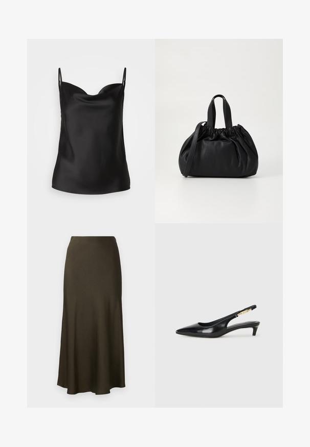 Camicetta nera in satin con scollatura profonda, spalline sottili e una superficie liscia e lucida. Design semplice e classico senza decorazioni.; Gonna lunga di un verde scuro, con finitura satinata, con orlo svasato e superficie liscia. Design semplice, senza motivi o hardware visibili.; Tacchi slingback in pelle nera con punta affusolata, caratterizzati da un tacco alto e un accento dorato sulla cinghia regolabile. Texture liscia.; Borsa a tracolla in pelle nera con design a cima arricciata, dotata di due manici corti e di una lunga tracolla regolabile. Texture liscia, forma arrotondata.