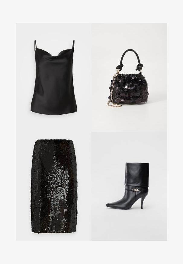 Černá saténová košile s hlubokým výstřihem, tenkými ramínky a hladkou lesklou texturou. Jednoduchý, klasický design bez ozdob.; Černá sukně v pencil střihu s přiléhavým designem. Obsahuje husté, reflexní flitry vytvářející texturovaný povrch. Hladké vnitřní podšívání.; Černé kožené kotníkové boty s špičatou špičkou, vysokým stiletto podpatkem, ohrnovací manžetou a zlatým ozdobným přezkovým detailem na kotníku.; Černá mini kabelka s flitry, s uzlovým texturovaným popruhem a stříbrným řetízkem. Zaoblený tvar s nařaseným vrchem a reflexními detaily.