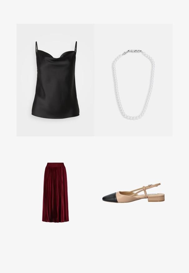 Camicetta nera in satin con scollatura profonda, spalline sottili e una superficie liscia e lucida. Design semplice e classico senza decorazioni.; Gonna midi plissettata borgogna con vita elasticizzata, caratterizzata da un sottile logo a rilievo.; Scarpa slingback bicolore beige e nera con punta affilata, tacco piatto e dettaglio a fascia incrociata. Texture in pelle liscia.; Collana di perle bianche con una texture liscia, dotata di un chiusura in argento con la scritta "HUGO" in rilievo. Perle di dimensioni uniformi in un design classico.