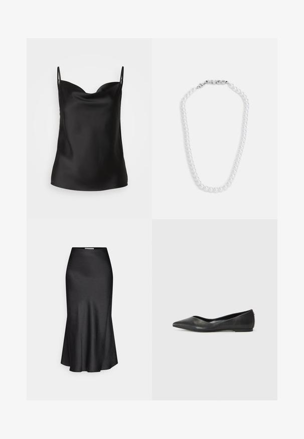 Camisole en satin noir avec un décolleté plongeant, des bretelles minces et une texture lisse et brillante. Design simple et classique sans ornements.; DRYKORN NEVIDA - Jupe longue - black; Ballerines en cuir noir avec un bout pointu, un talon bas et une texture lisse. Design minimal avec une subtile accent latéral.; Collier de perles blanches à la texture lisse, doté d'un fermoir en argent embossé du mot "HUGO". Perles de taille uniforme dans un design classique.