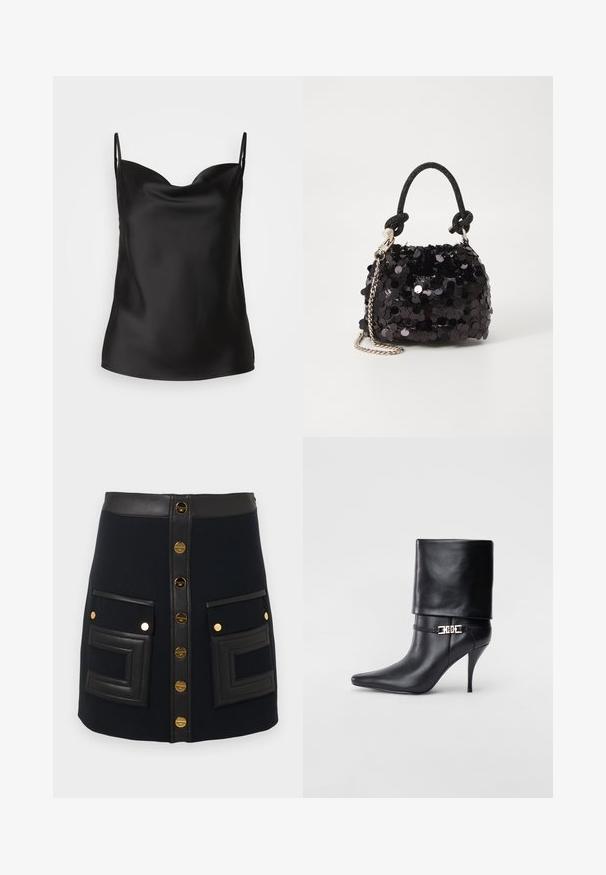 Černá saténová košile s hlubokým výstřihem, tenkými ramínky a hladkou lesklou texturou. Jednoduchý, klasický design bez ozdob.; Černá skládaná sukně s předními zlatými knoflíky, páskem z imitace kůže a velkými našitými kapsami s geometrickým prošíváním.; Černé kožené kotníkové boty s špičatou špičkou, vysokým stiletto podpatkem, ohrnovací manžetou a zlatým ozdobným přezkovým detailem na kotníku.; Černá mini kabelka s flitry, s uzlovým texturovaným popruhem a stříbrným řetízkem. Zaoblený tvar s nařaseným vrchem a reflexními detaily.